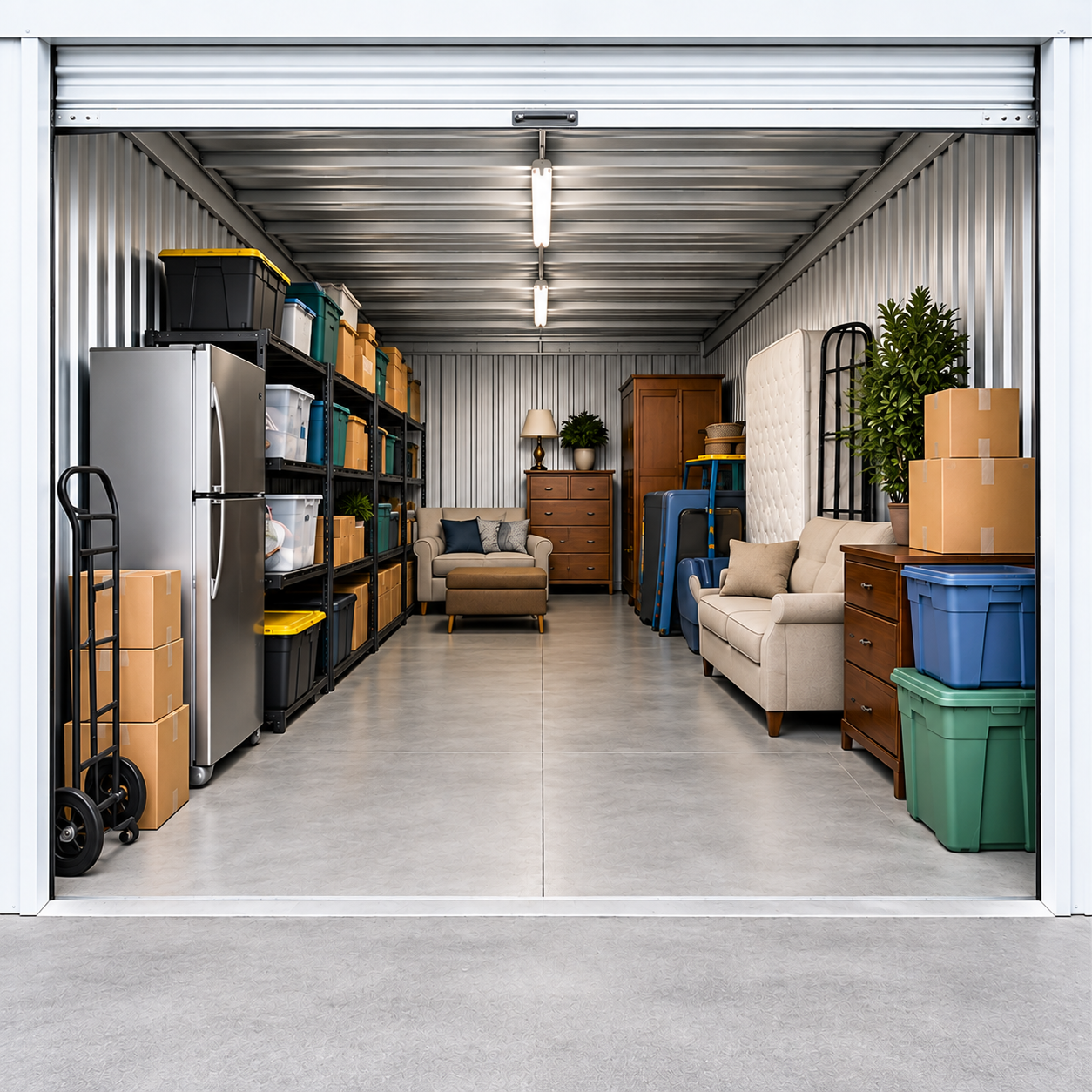 An organized storage unit holding furniture, a refrigerator, and labeled bins on shelves